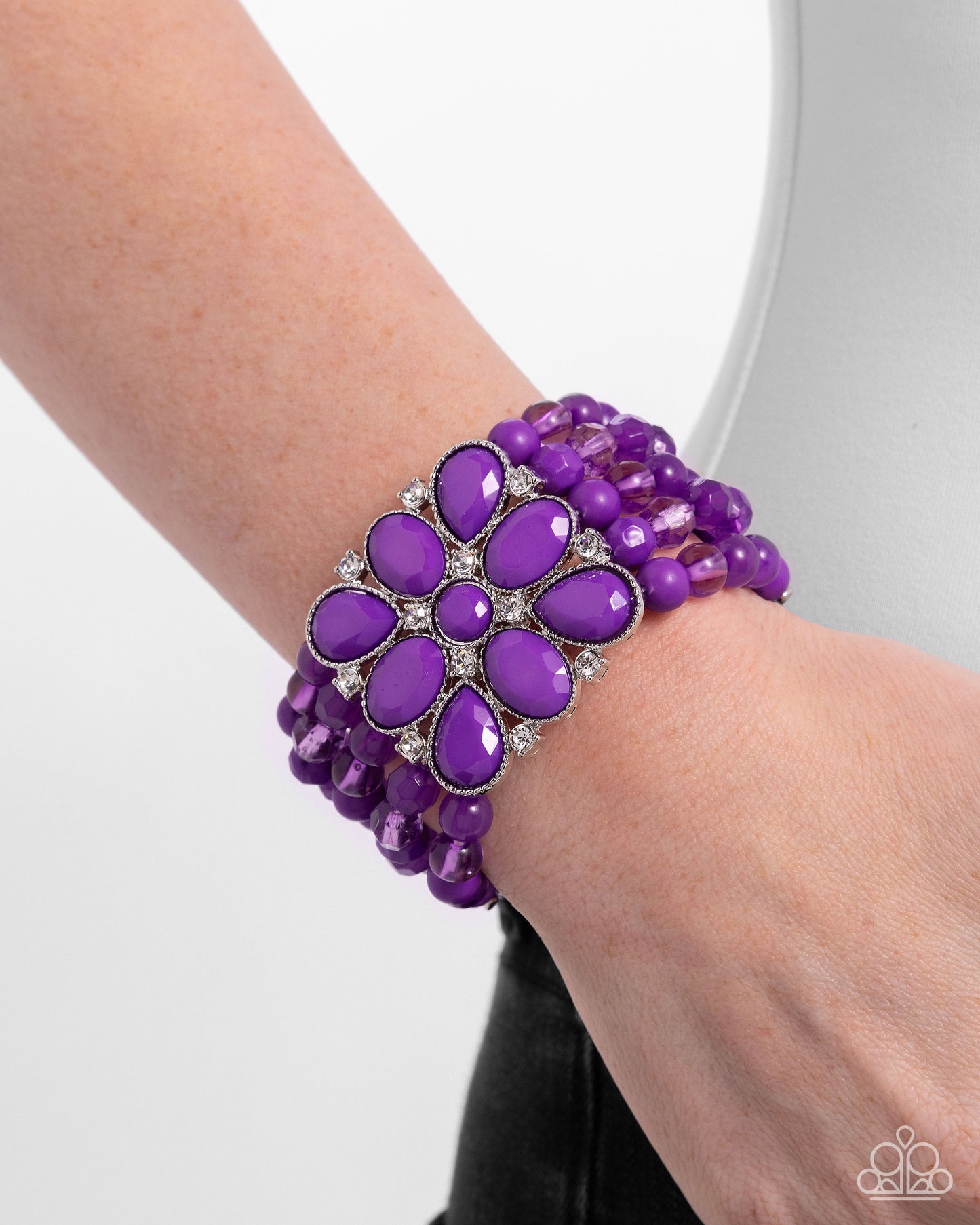 Everything is New - Purple Bead Floral Stretch Bracelet Paparazzi B2022