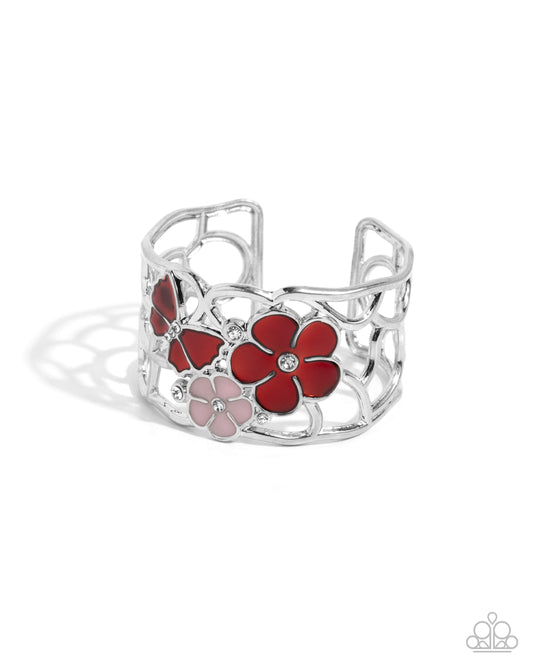 Whimsical Watercolor - Red & Baby Pink Painted Flower Silver Butterfly Cuff Bracelet Paparazzi B2364