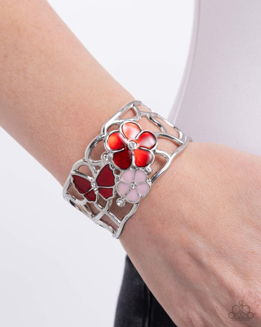 Whimsical Watercolor - Red & Baby Pink Painted Flower Silver Butterfly Cuff Bracelet Paparazzi