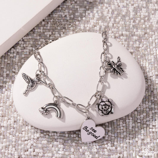 Positive Outlook - Silver - Antiqued Silver Charm Style Hummingbird, Heart, "see the good" Bracelet Paparazzi B2117