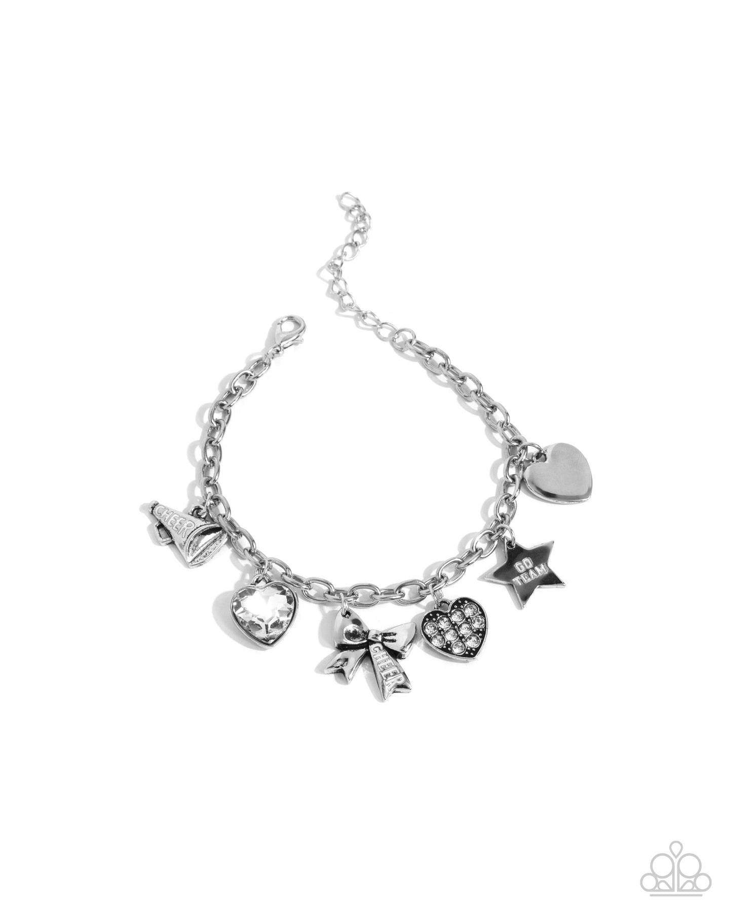 Cheerleading Camp - White Rhinestone & Silver Cheerleading Charm Bracelet Paparazzi B1748