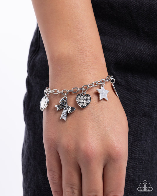 Cheerleading Camp - White Rhinestone & Silver Cheerleading Charm Bracelet Paparazzi B1748