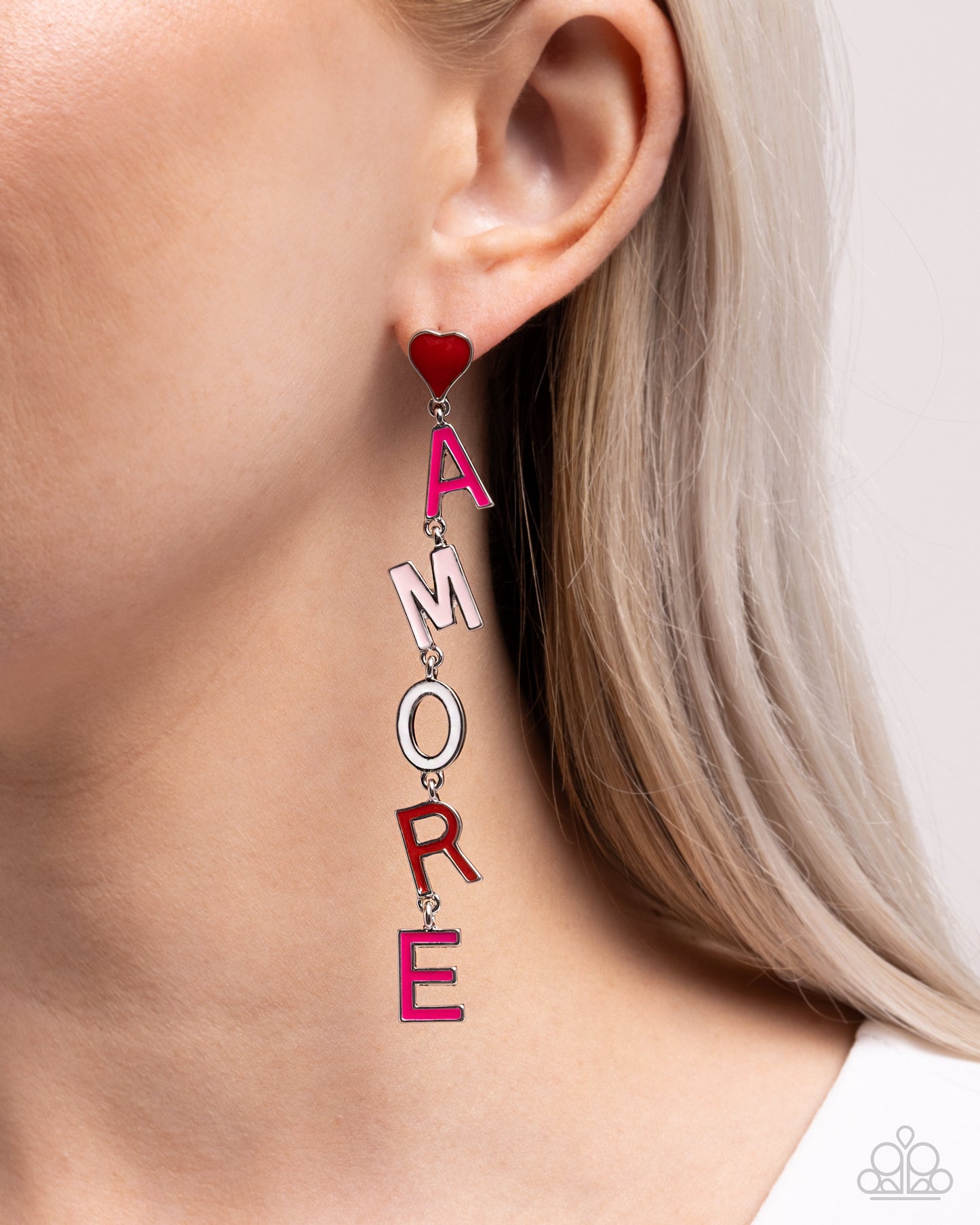 Amore Mio - Multi White, Baby Pink, Red Heart Valentine Inspired "AMORE" Earring Paparazzi E2523