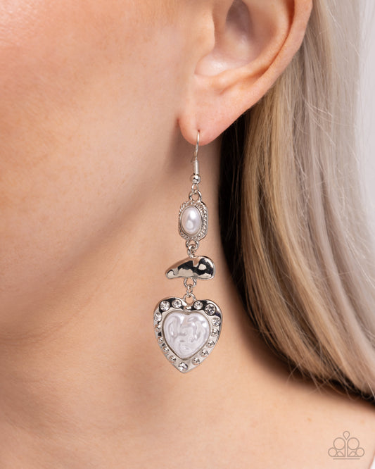 Feminine Feature - White Pearl Hammered Silver Heart Earring Paparazzi E3133
