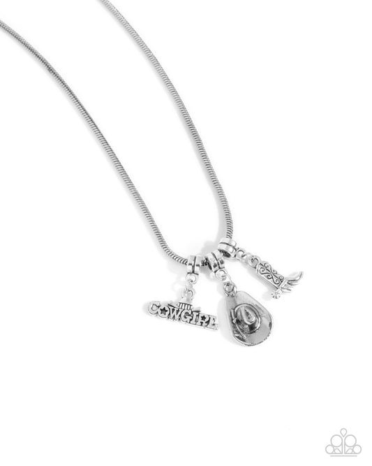 Boy Meets COWGIRL - Silver "Cowgirl", Cowboy Hat, Boot Charm Santa Fe Style Necklace Paparazzi N2932