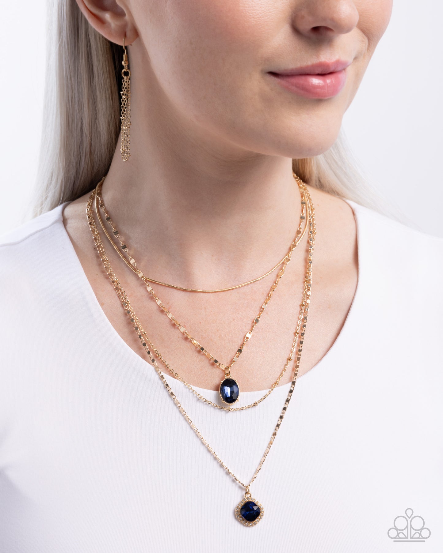 Paparazzi Four-Part Harmony - Blue Gem Gold Layered Snake, Satellite & Paperclip Chain Layered Necklace N3886