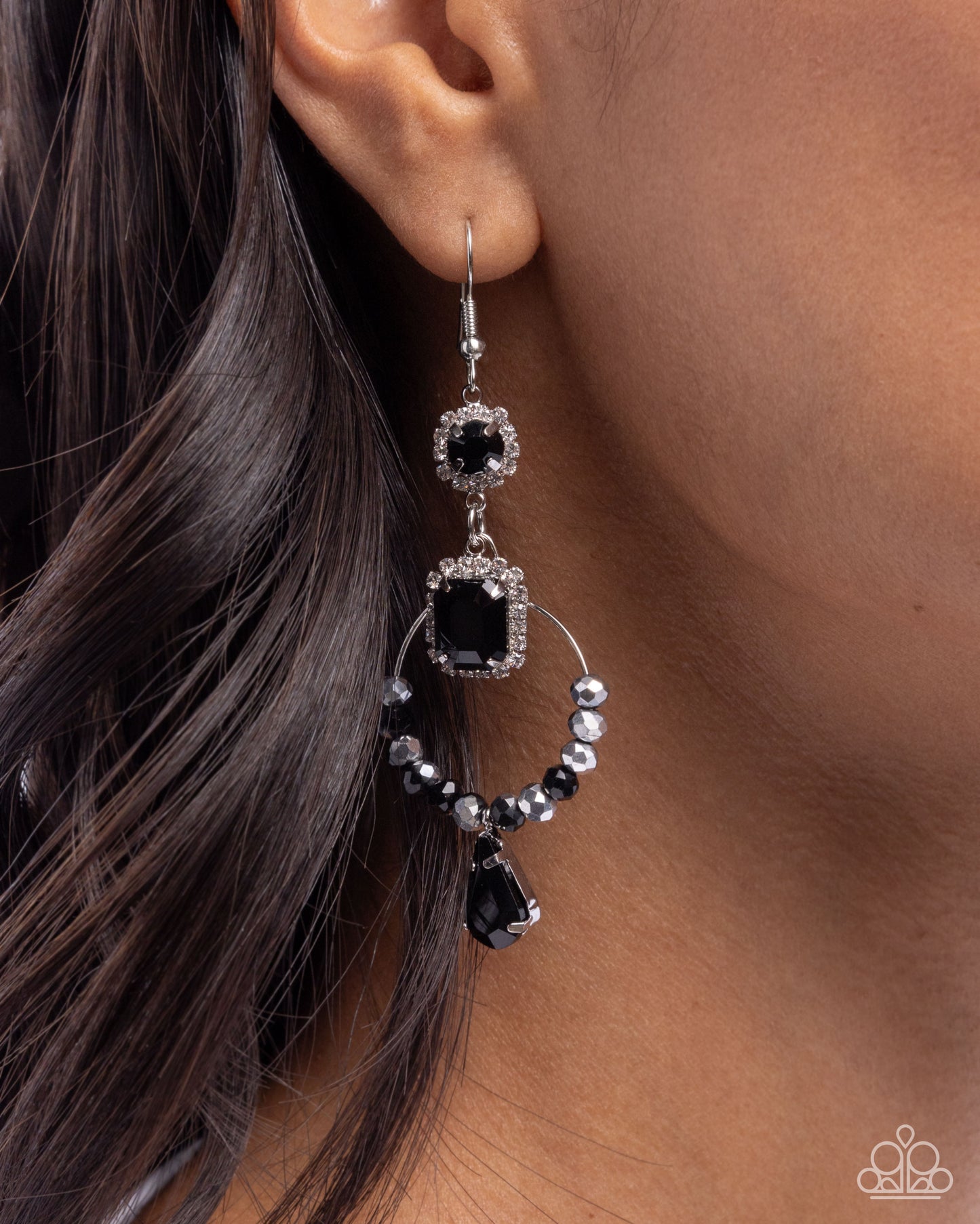 Point Me in the BRIGHT Direction - Black Rhinestone Hematite Silver Earring Paparazzi E3055