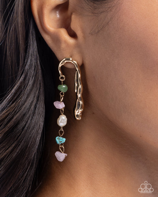Suspended Sheen - Gold Hammered Finish Jade, Rose Quartz, Turquoise Stone & Pearl Bead Earring Paparazzi E2906