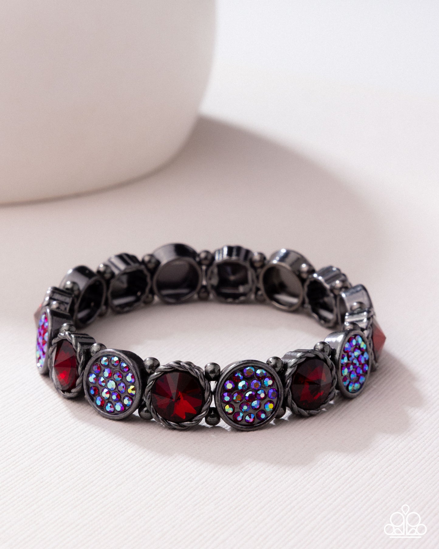 Take A Moment To Reflect - Red & Red Iridescent Rhinestone Gunmetal Stretch Bracelet Pink Diamond Encore Life Of The Party Paparazzi B2213