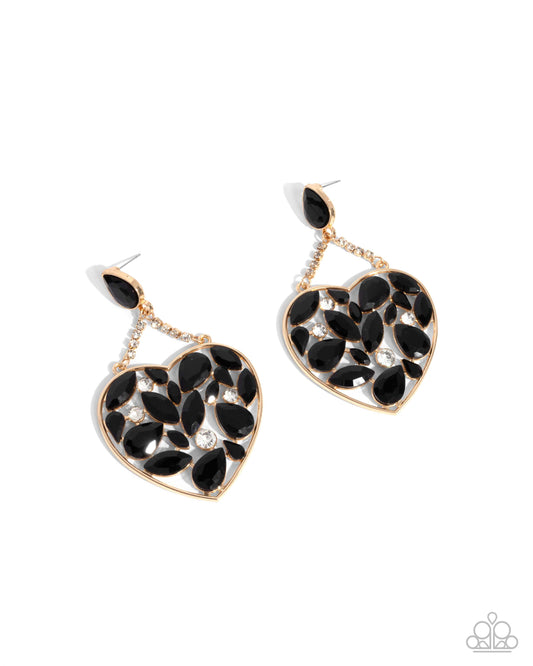 Glittery Gait - Black Gem & White Rhinestone Heart Earring Paparazzi E2750
