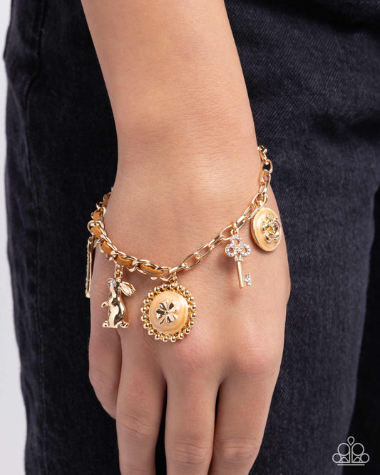 Velveteen Rabbit - Brown - Light Brown Pearl, Gold Rabbit, Key Charm Curb Chain Bracelet Paparazzi B1919