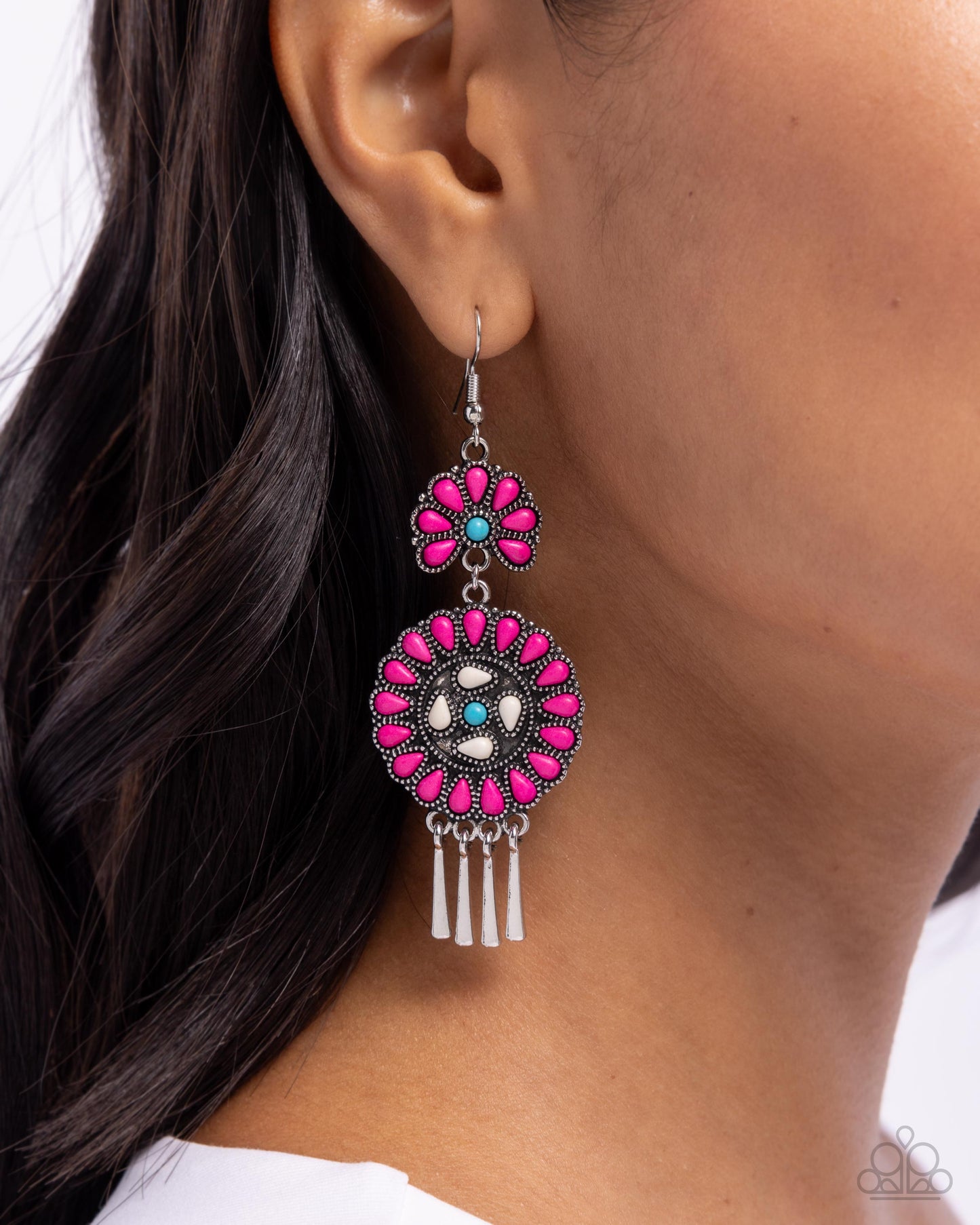 Watch the Sunset - Pink & White Teardrop Stone Floral Earring Paparazzi