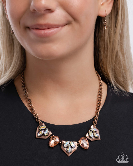 Home Place Haute - Copper Curb Chain Peach Gems & Iridescent Rhinestone Necklace Paparazzi N3062