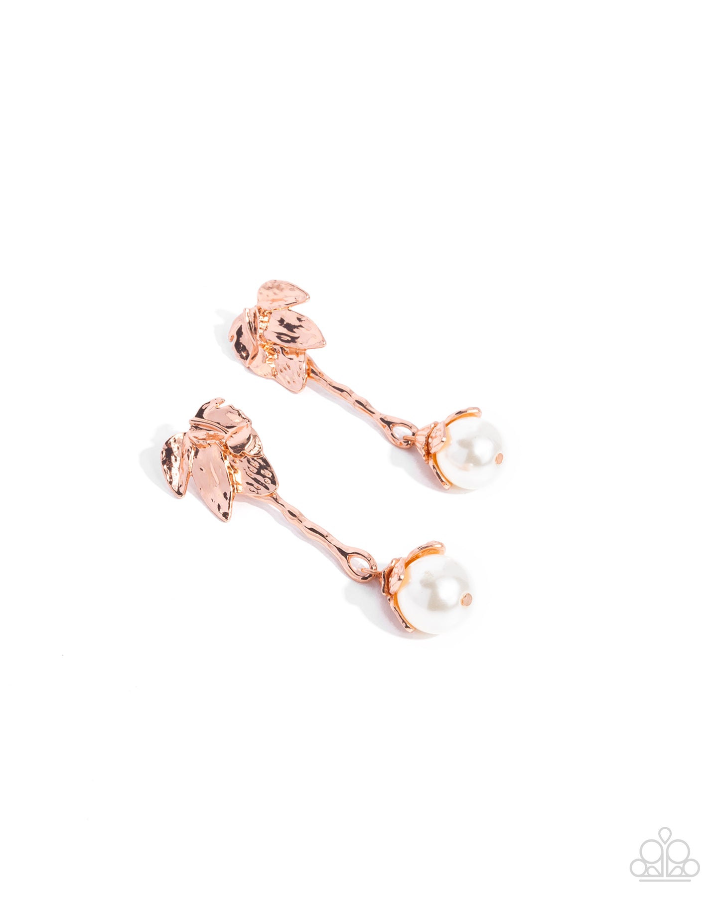 Complete Look Shiny Copper Flower Necklace, Flower & White Pearl Earring, Flower & White Pearl Bracelet Paparazzi