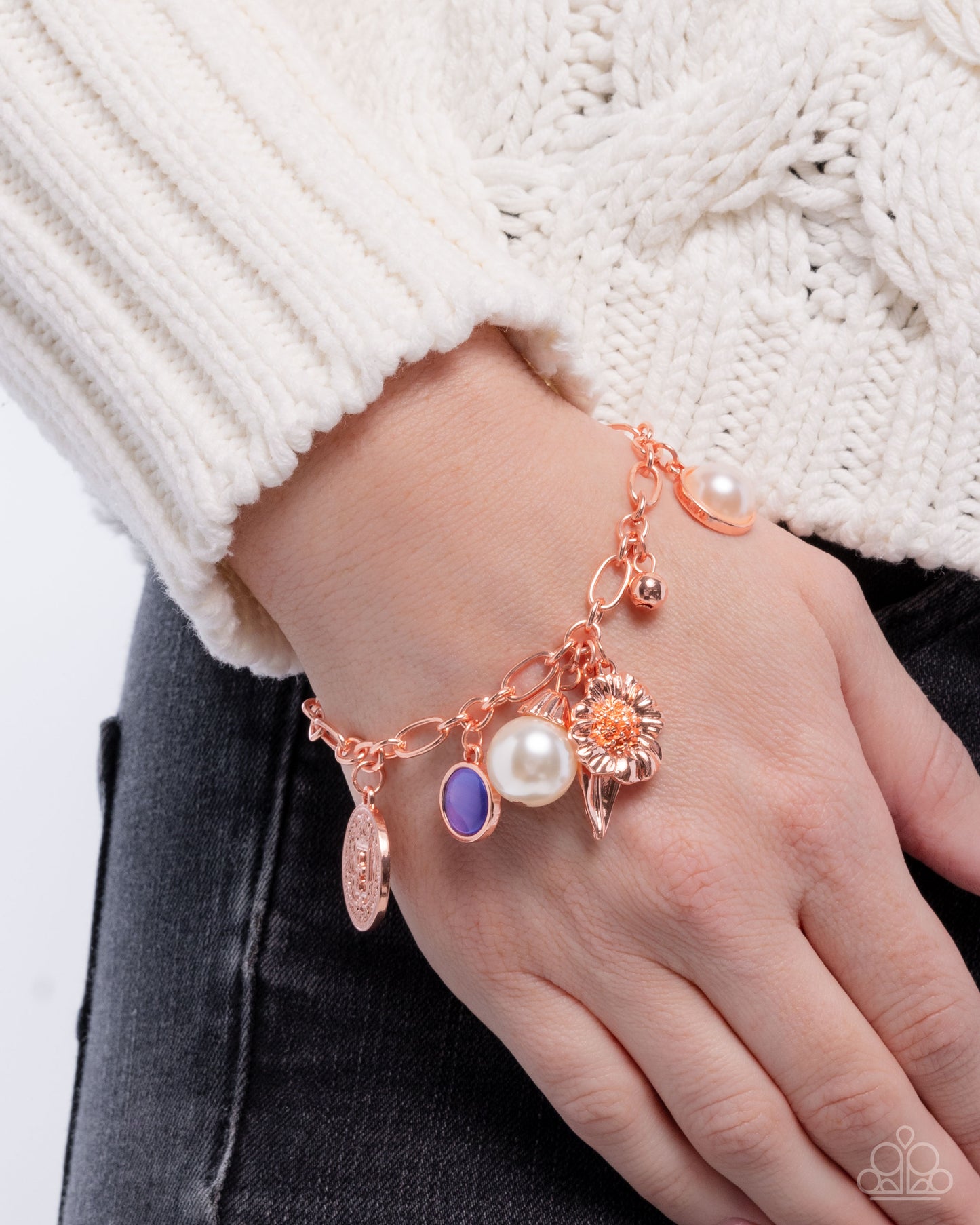 Complete Look Shiny Copper Flower Necklace, Flower & White Pearl Earring, Flower & White Pearl Bracelet Paparazzi