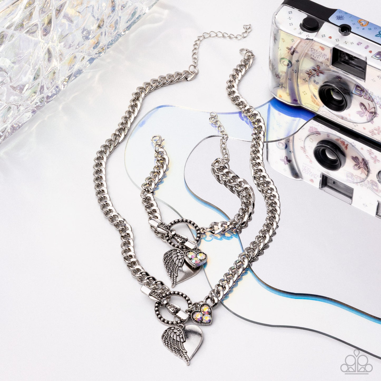 Paparazzi Cherub Canvas - White Rhinestone Silver Heart Padlock Angel Wing Bracelet B2578