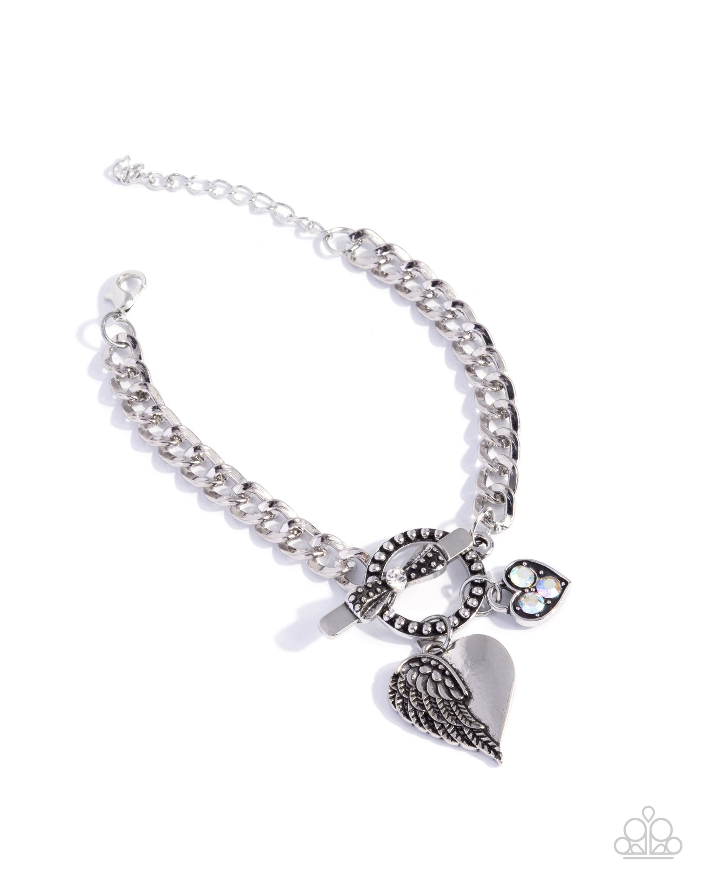 Paparazzi Cherub Canvas - White Rhinestone Silver Heart Padlock Angel Wing Bracelet B2578