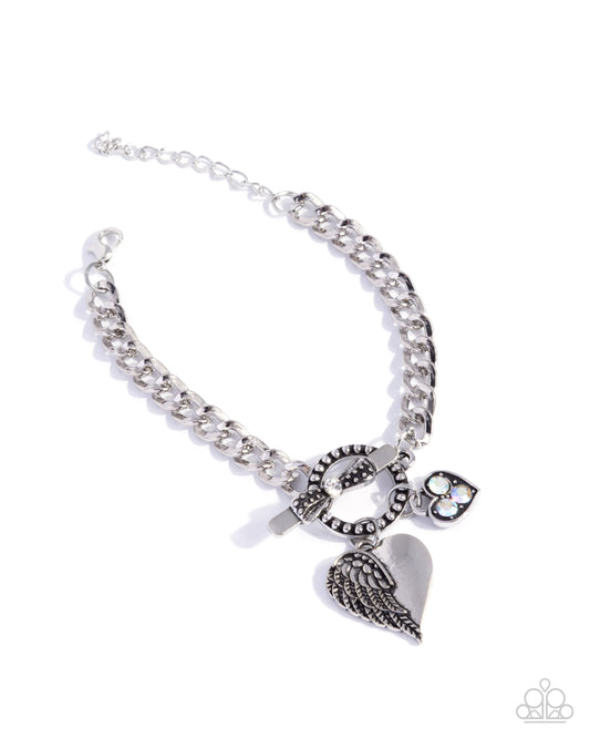 Paparazzi Cherub Canvas - White Rhinestone Silver Heart Padlock Angel Wing Bracelet B2578