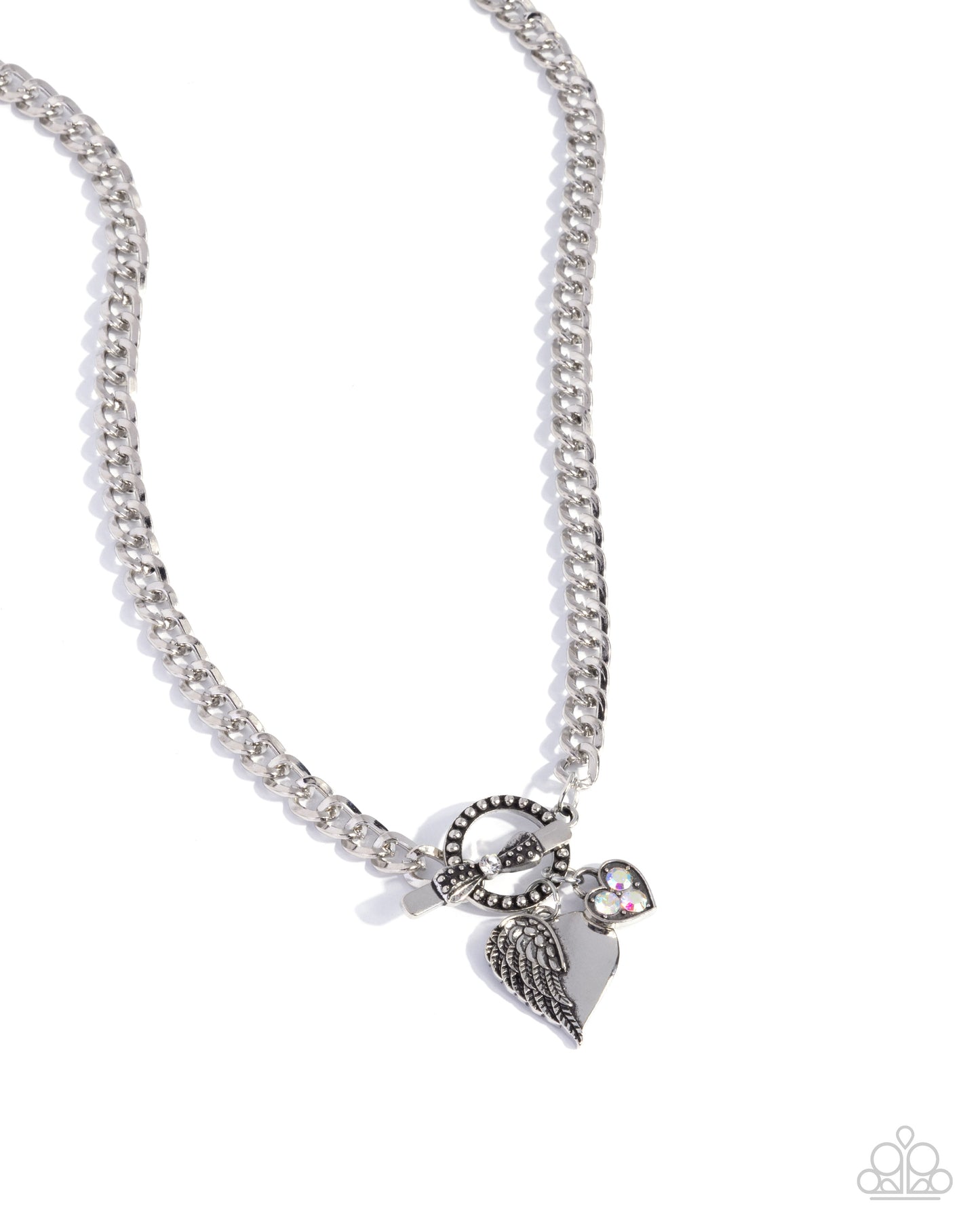 Paparazzi Cherub Chic White Rhinestone Silver Heart Padlock Angel Wing Necklace N3851