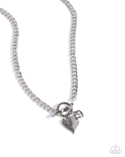 Paparazzi Cherub Chic White Rhinestone Silver Heart Padlock Angel Wing Necklace N3851