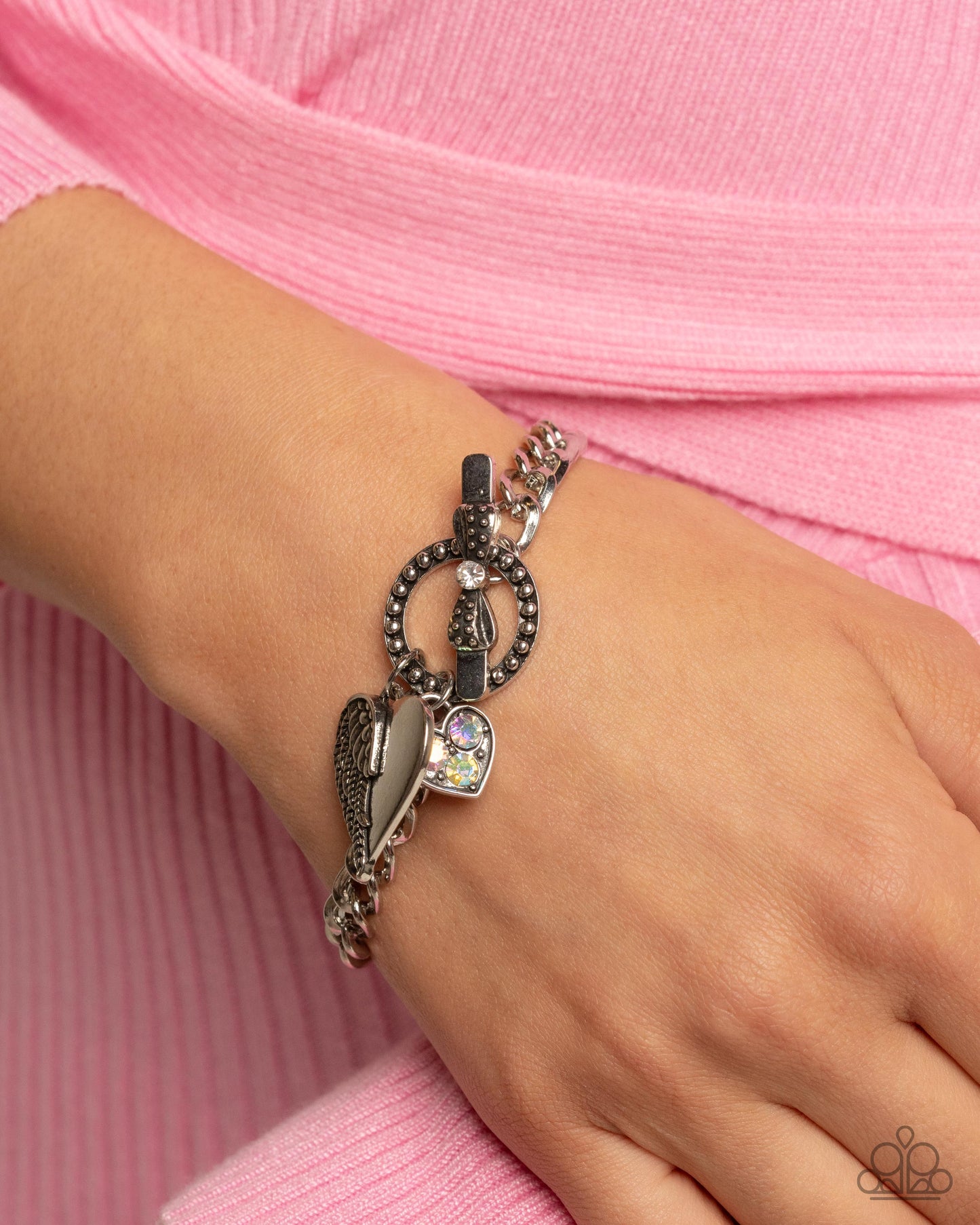 Paparazzi Cherub Canvas - White Rhinestone Silver Heart Padlock Angel Wing Bracelet B2578