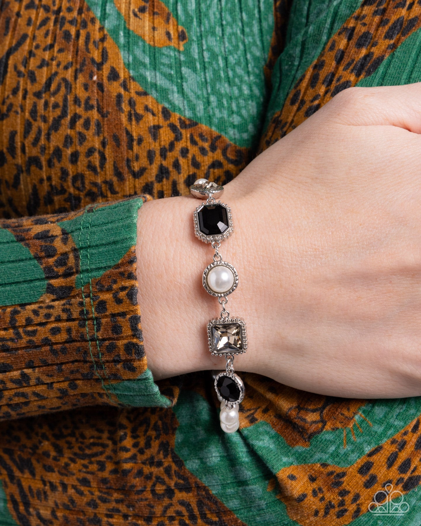 Dumbfounding Dazzle - Black & Smoky Rhinestone White Pearl Bracelet Paparazzi B1913