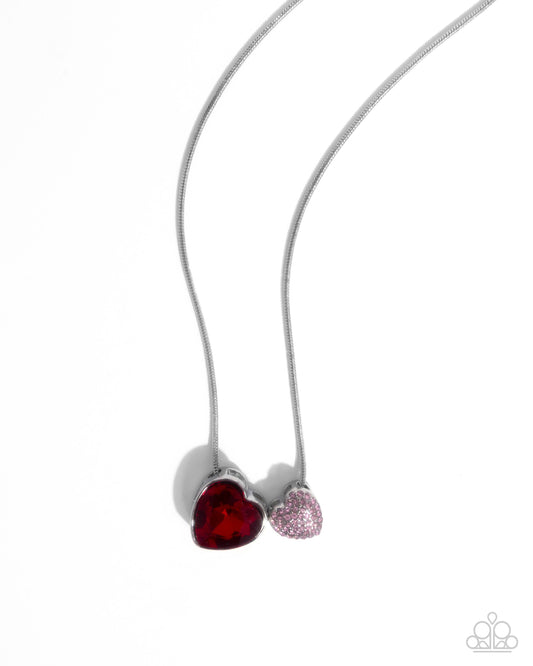 Lovely Couple - Red Gem, Light Rose Rhinestone, Silver Necklace Paparazzi N3407