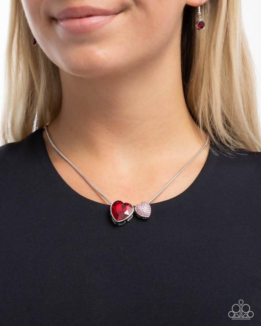 Lovely Couple - Red Gem, Light Rose Rhinestone, Silver Necklace Paparazzi N3407