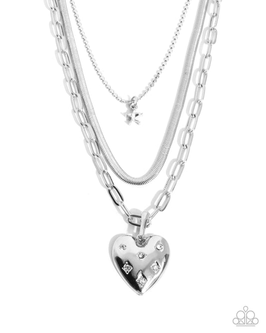 Self-Love - White Rhinestone Silver Heart Layered Necklace Paparazzi N3443