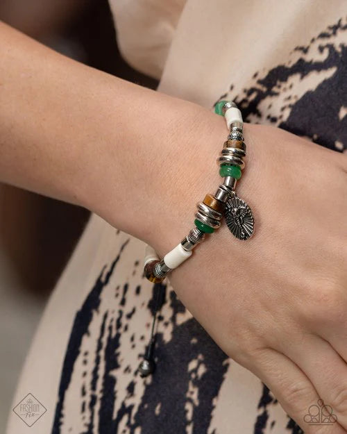 Seasoned Adventurer - Multi Green, Brown, White Bead Sliding Knot Bracelet February 2025 Sunset Sightings Fashion Fix Paparazzi B2071
