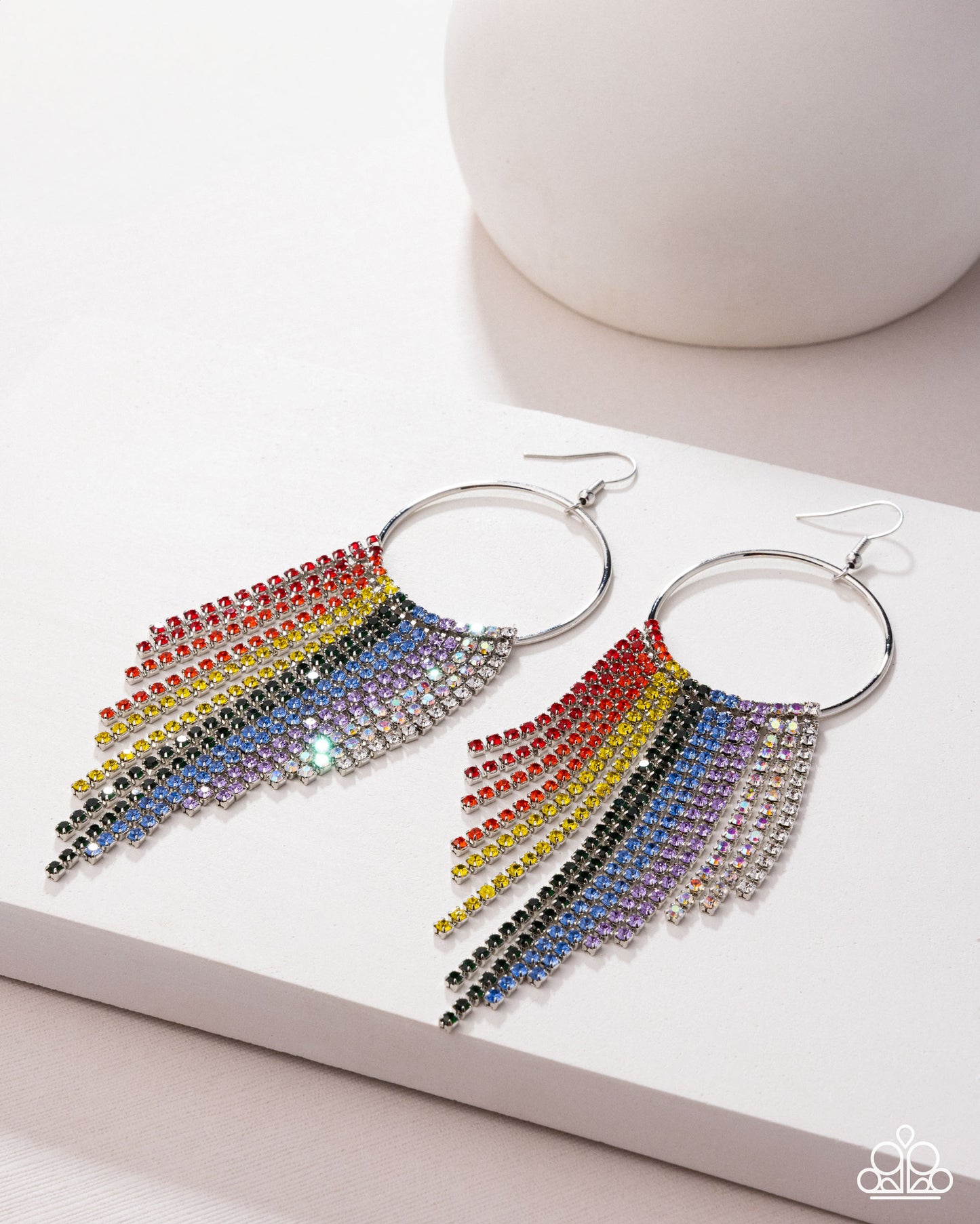 Streamlined Shimmer - Multicolored & Iridescent Rainbow Rhinestone Chandelier Earring Life Of The Party Pink Diamond Release Paparazzi E2648