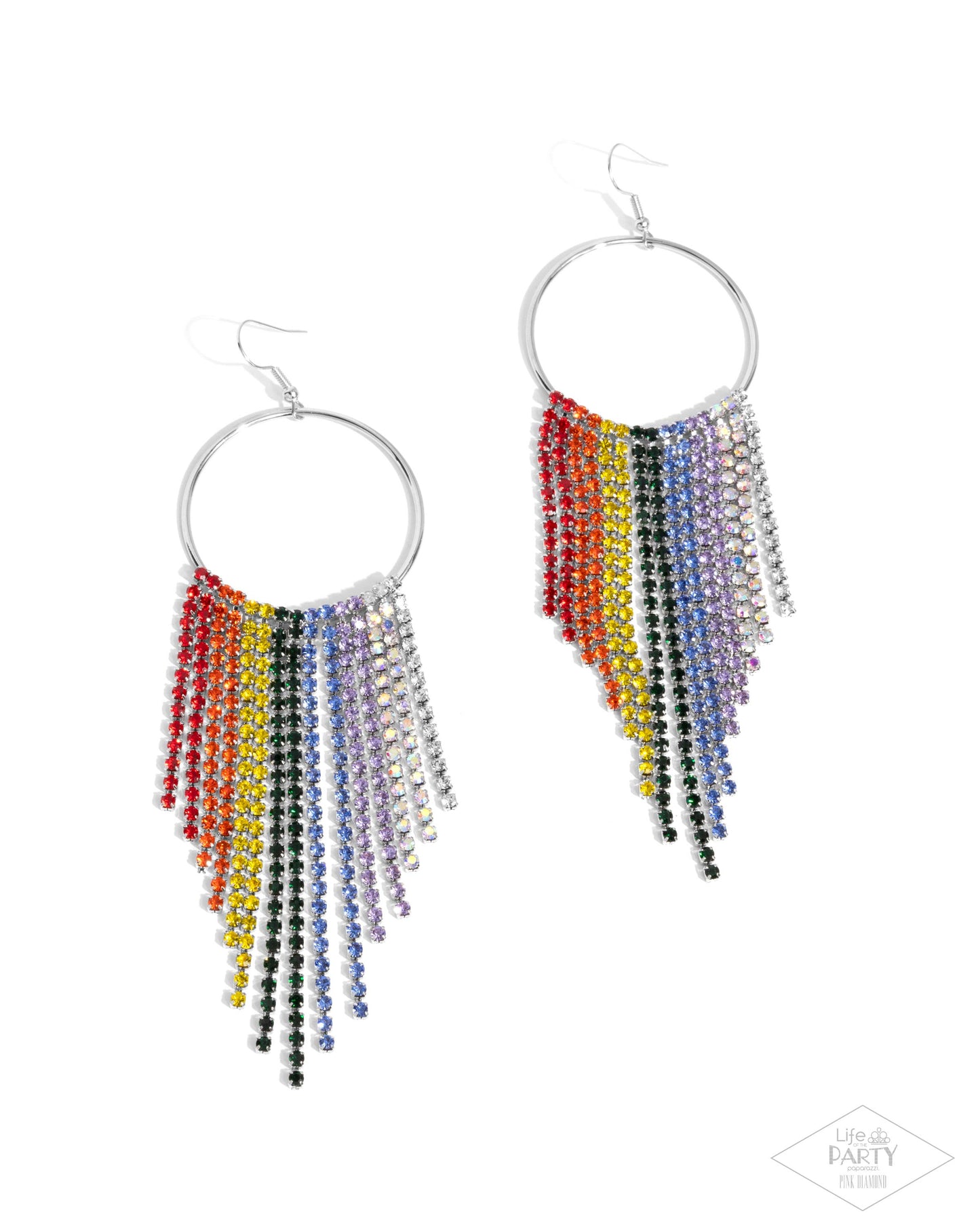 Streamlined Shimmer - Multicolored & Iridescent Rainbow Rhinestone Chandelier Earring Life Of The Party Pink Diamond Release Paparazzi E2648