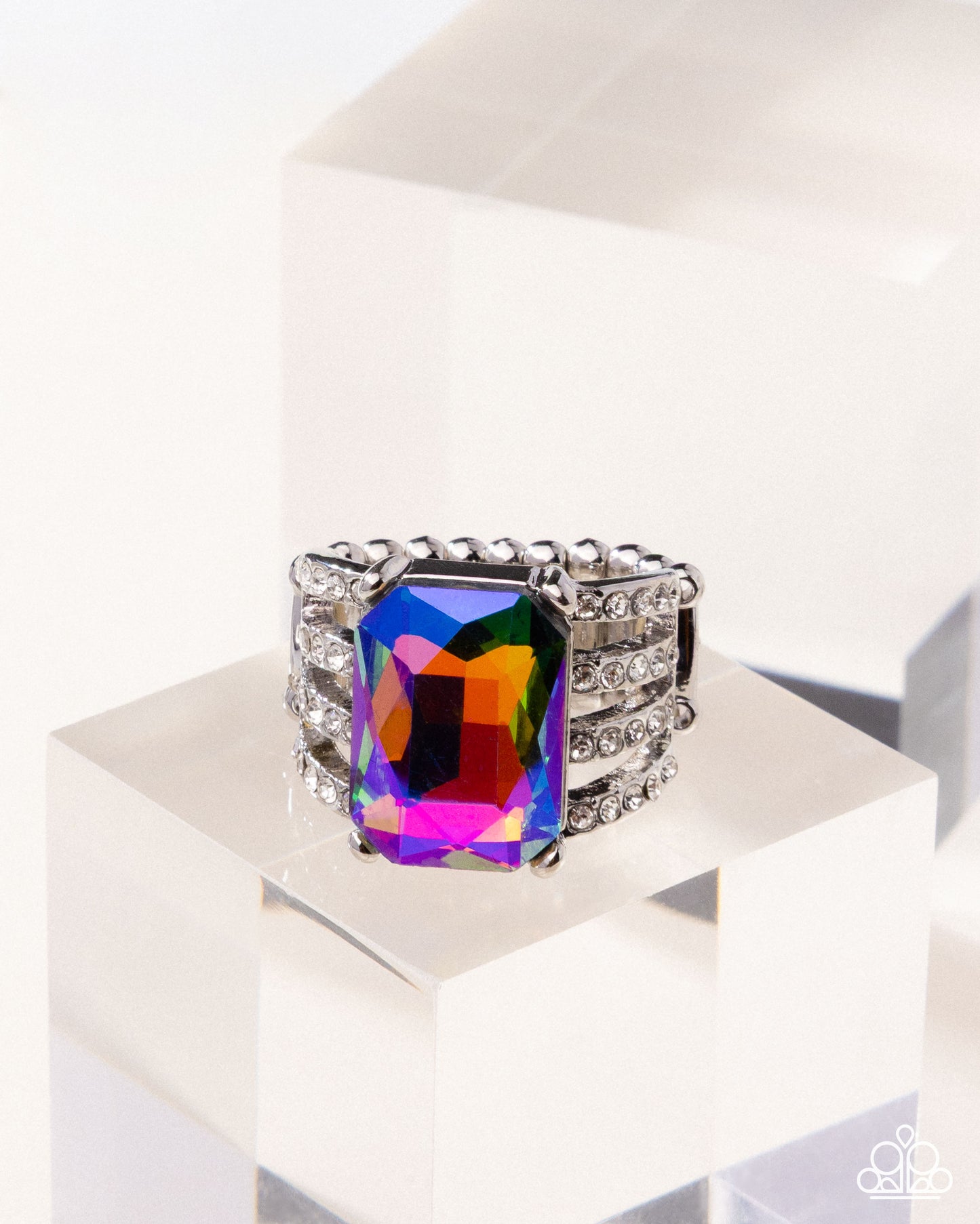 Expect Heavy REIGN - Multicolored UV Shimmery Gem & White Rhinestone Ring Life of The Party Pink Diamond Exclusive Paparazzi R1059