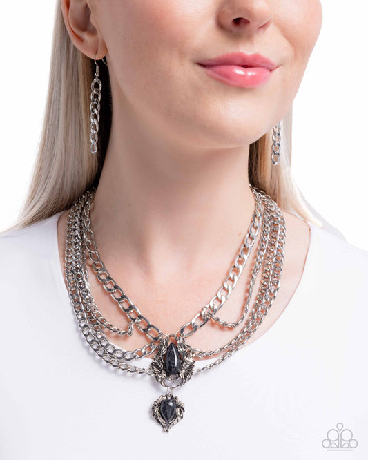 Laurel Layover - Black Marbled Teardrop Stone & Silver Layered Curb Chain Necklace Paparazzi N3120