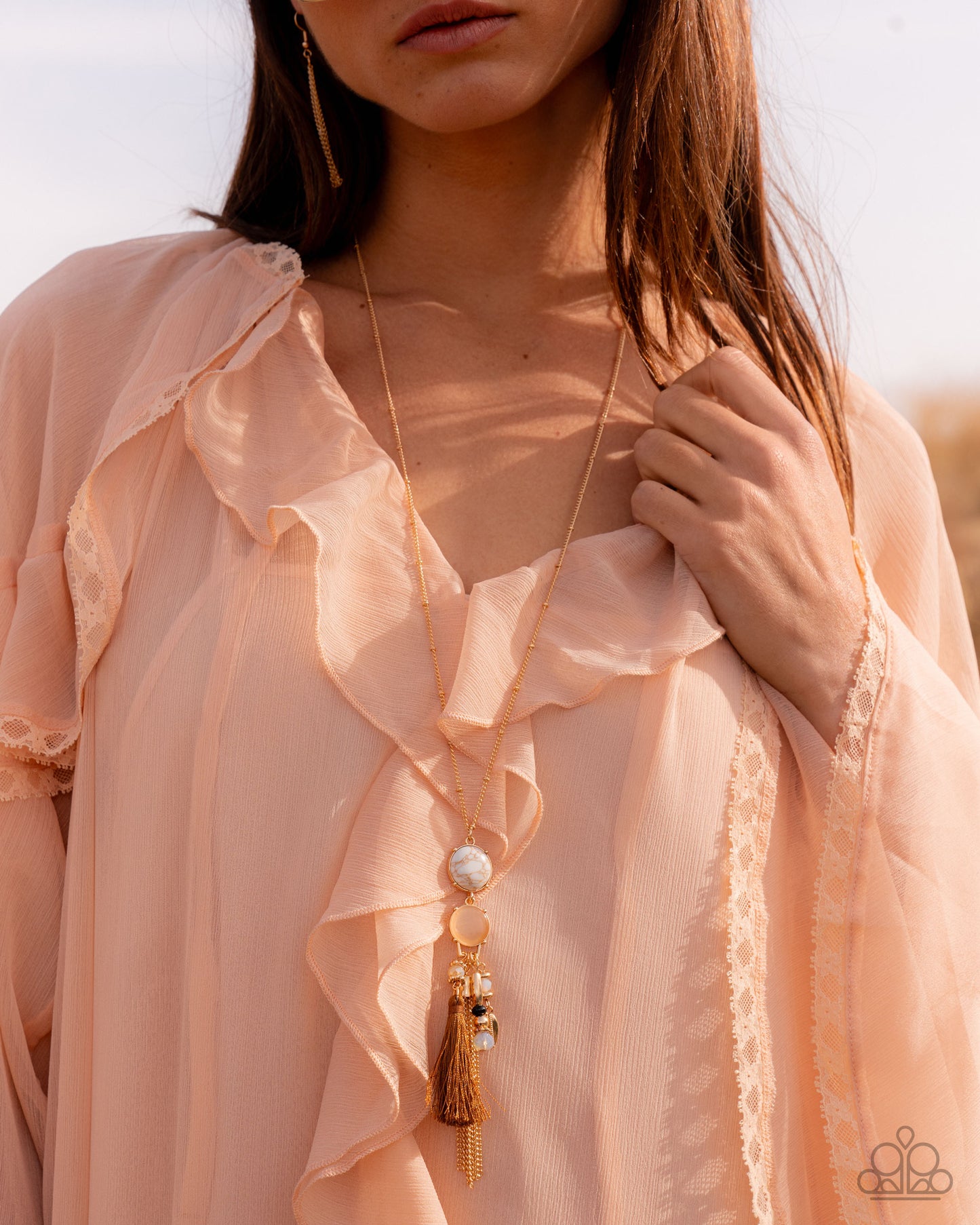 Pampered Panache - Gold Chain, Brown Cat's Eye Stone, Shimmery Bead & Brown Threaded Tassel Santa Fe Style Necklace Paparazzi N2960