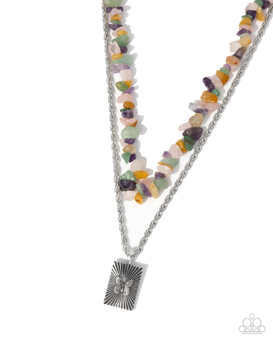 Transformational Tiers - Green, Pink, Purple, Yellow Natural Stone Silver Butterfly Embossed Pendant Necklace Paparazzi