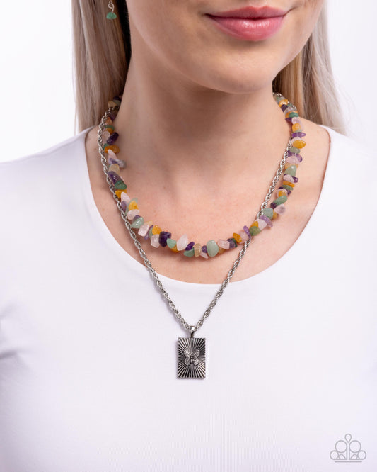 Transformational Tiers - Green, Pink, Purple, Yellow Natural Stone Silver Butterfly Embossed Pendant Necklace Paparazzi