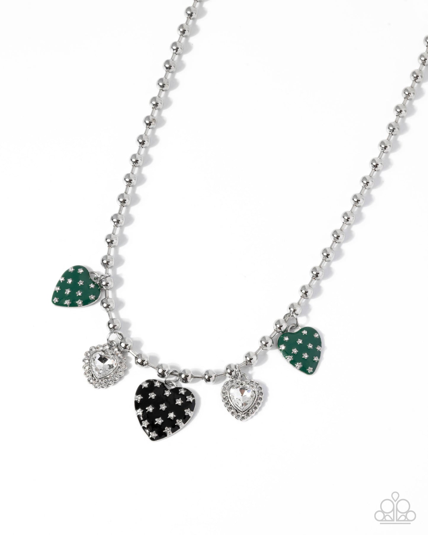 Mutual Affection - Multi Green & Silver Heart Charm Necklace Paparazzi N2532
