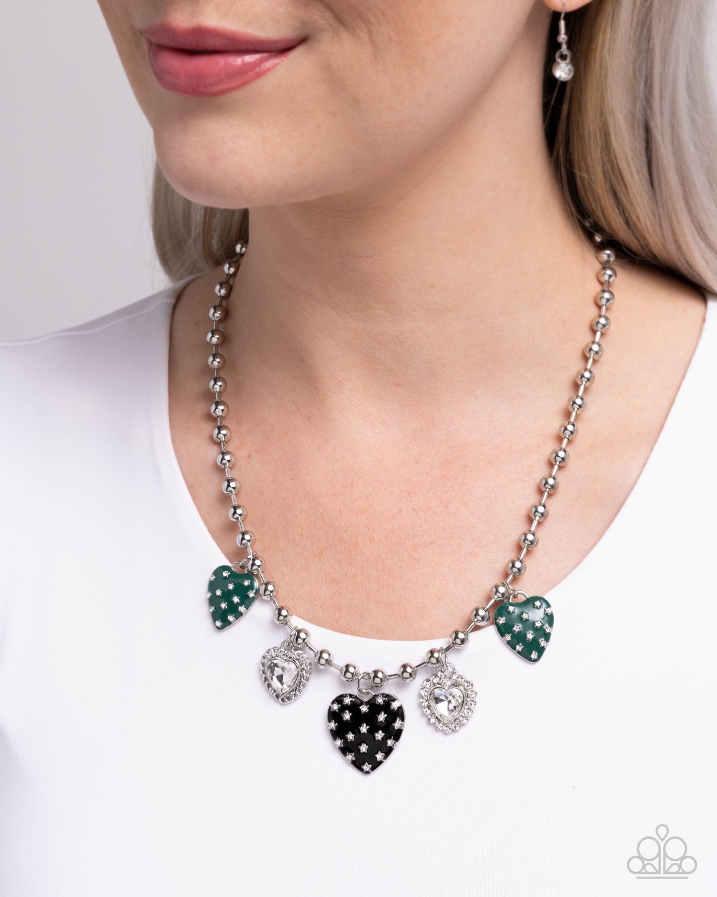 Mutual Affection - Multi Green & Silver Heart Charm Necklace Paparazzi N2532