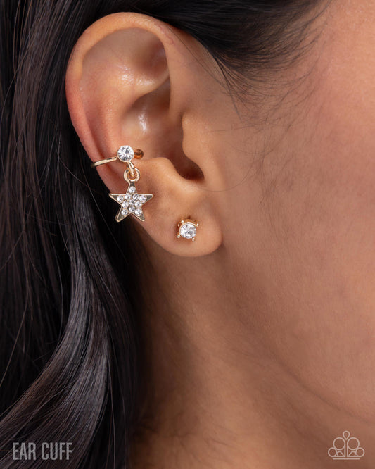 Cosmic Cool - Gold White Rhinestone Star Ear Cuff & White Rhinestone Stud Earring Paparazzi E2851