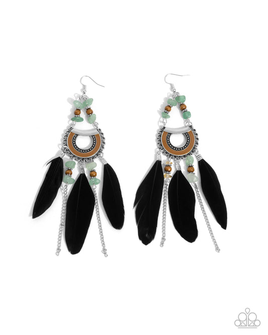 Serene Stage - Green Jade Stone & Black Feather Santa Fe Style Earring Paparazzi