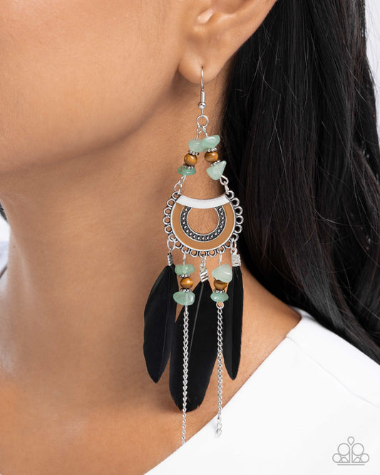 Serene Stage - Green Jade Stone & Black Feather Santa Fe Style Earring Paparazzi