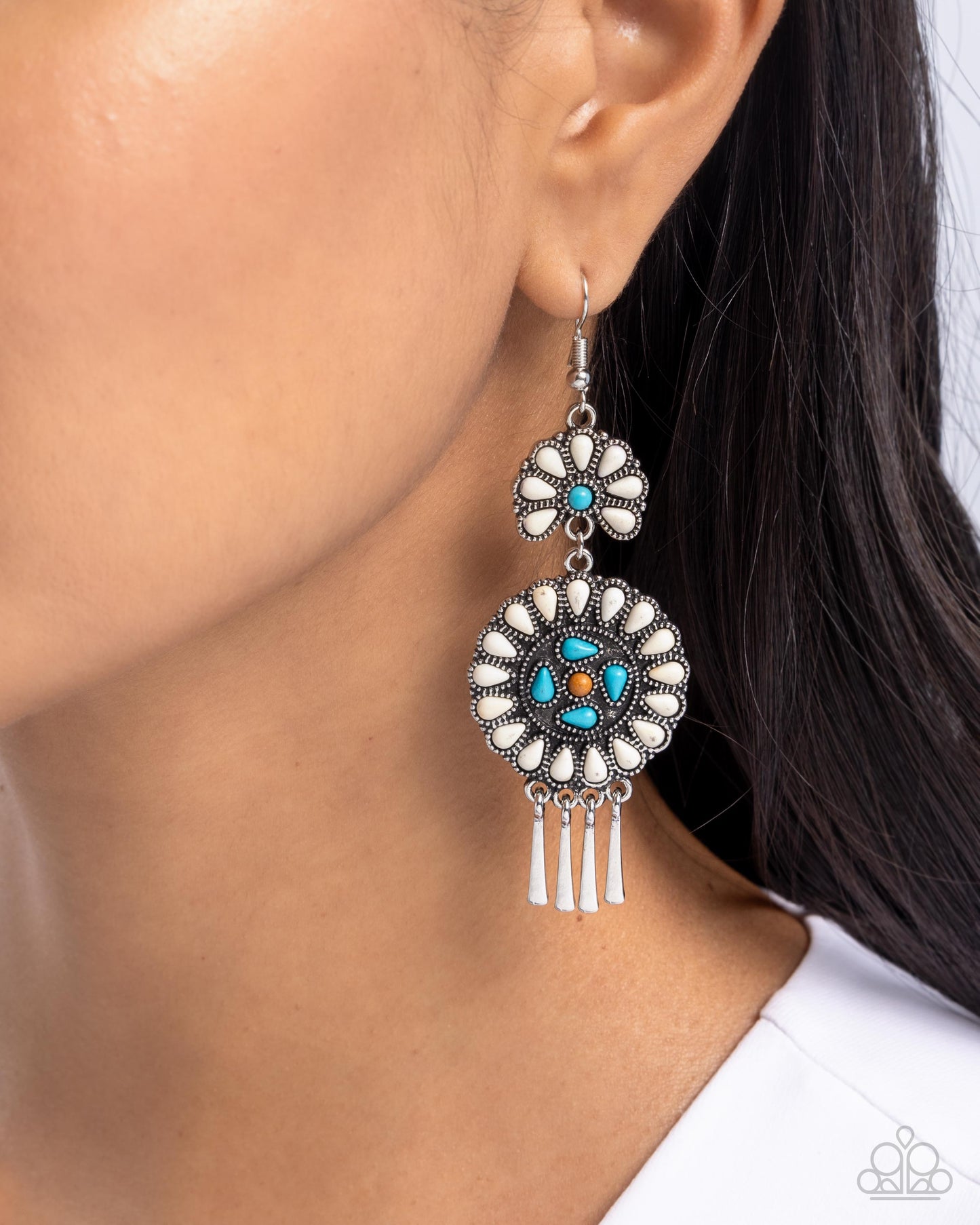 Watch the Sunset - White, Turquoise, Buckthorn Brown Floral Stone Santa Fe Style Earring Paparazzi E2802