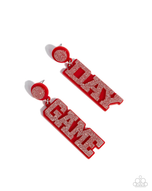 Home Game - Red "GAME" "DAY" Seed Bead & Silver Sport Earring Paparazzi E2810