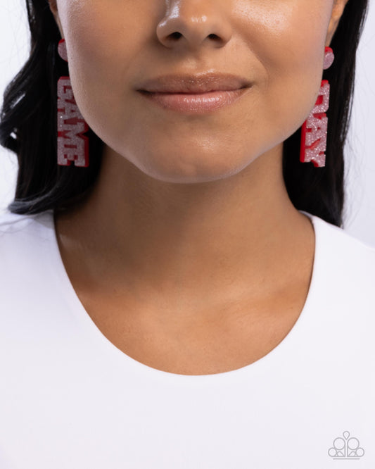 Home Game - Red "GAME" "DAY" Seed Bead & Silver Sport Earring Paparazzi E2810