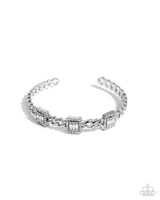 Suitable Squares - White Rhinestone & Emerald Cut Gem Silver Cuff Bracelet Paparazzi