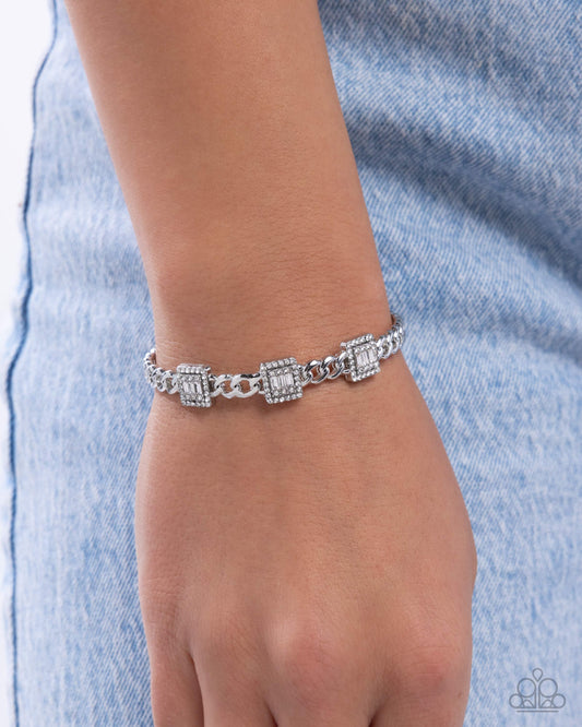 Suitable Squares - White Rhinestone & Emerald Cut Gem Silver Cuff Bracelet Paparazzi