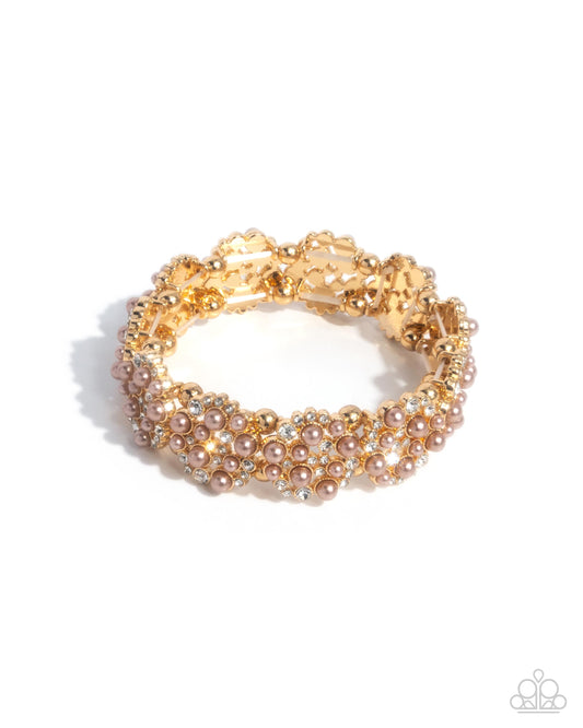 Were You Dazzled? - Brown Brush Pearl & White Rhinestone Stretch Bracelet Paparazzi B2078
