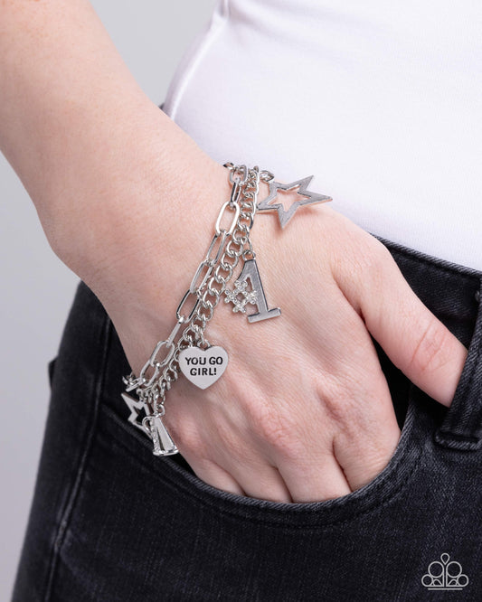 Team Spirit - White Rhinestone Megaphone, #1, Inspirational "You Go Girl" Bracelet Paparazzi B2039