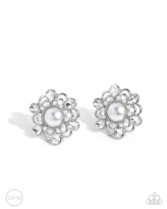 Relatable Radiance - White Pearl & Rhinestone Floral Clip-On Earring Paparazzi E2699